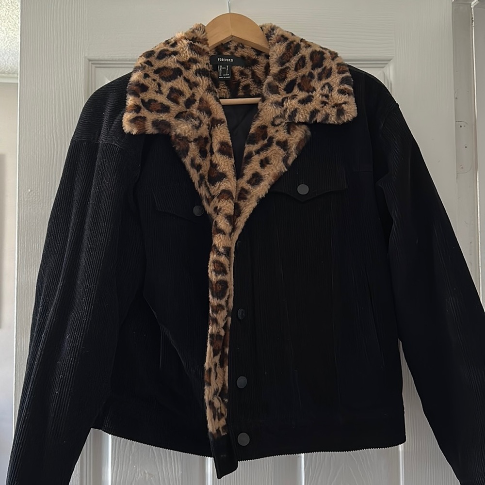 (L) black corduroy leopard jacket